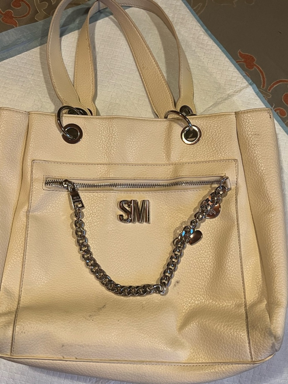 Cream Leather Tote with Silver Chain and Monogram Accent